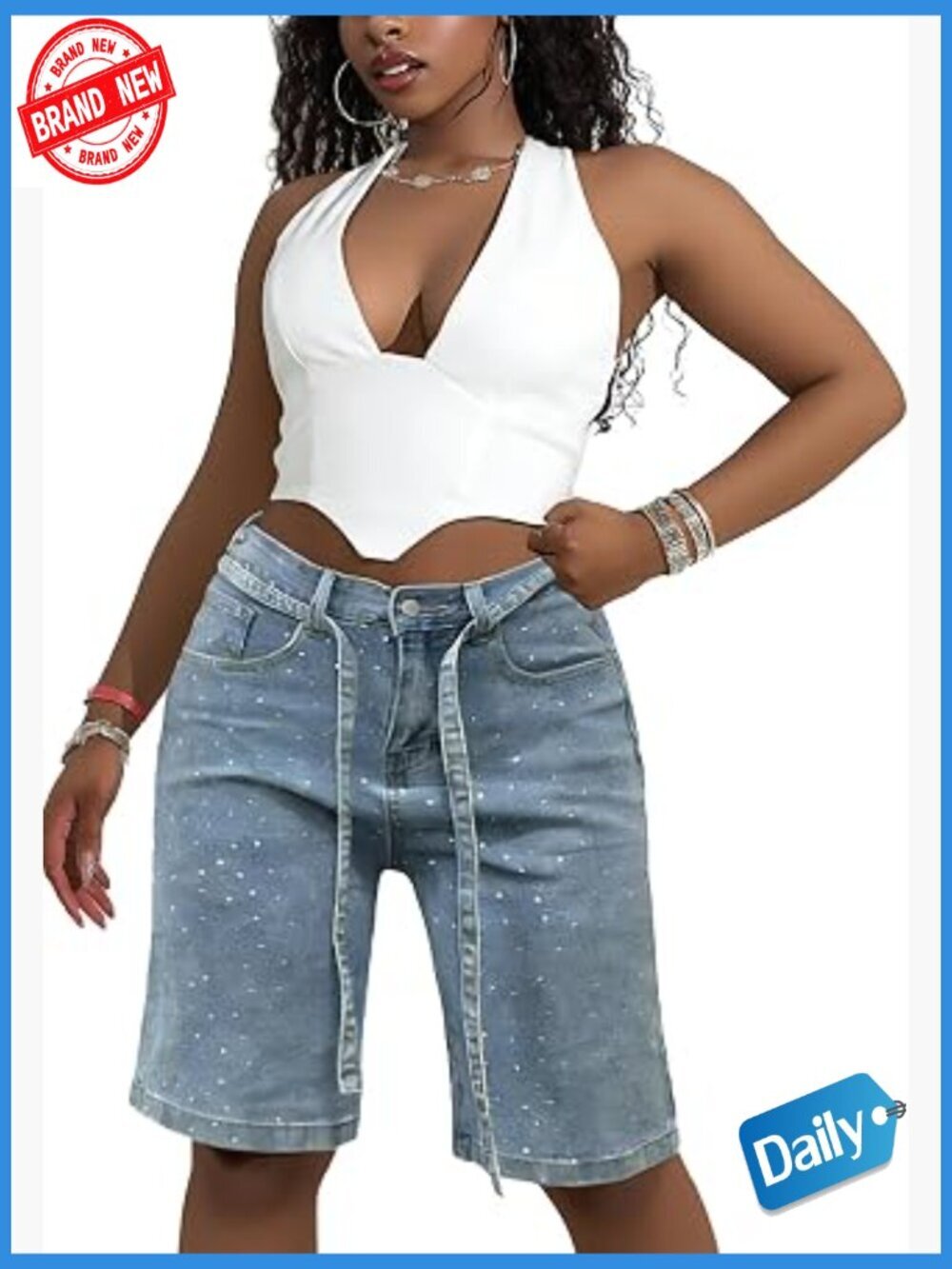 High Waist Sparkly Denim Shorts Rhinestone Glitter Bodycon Straight Leg Jean